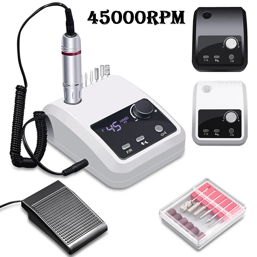 Professional 45000 RPM Electric Nail Drill Machine Set with Smart LCD Screen, Foot Pedal & Bit Storage Base