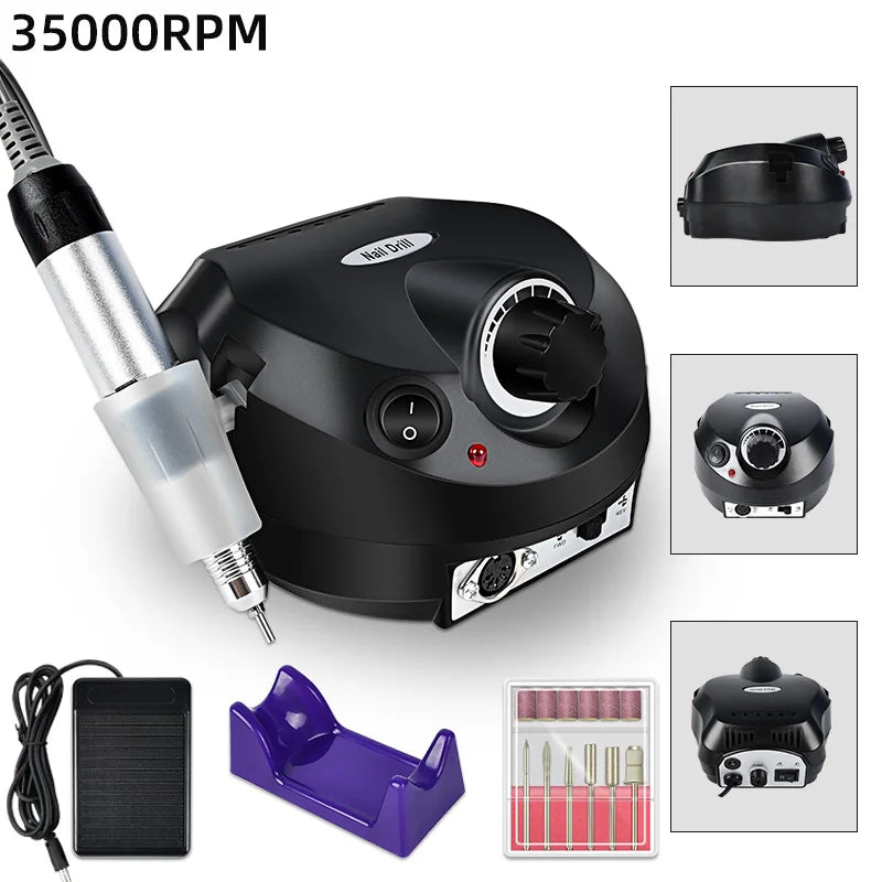 Professional 35000 RPM Electric Nail Drill Machine Set with Foot Pedal & 6 Metal Bits
