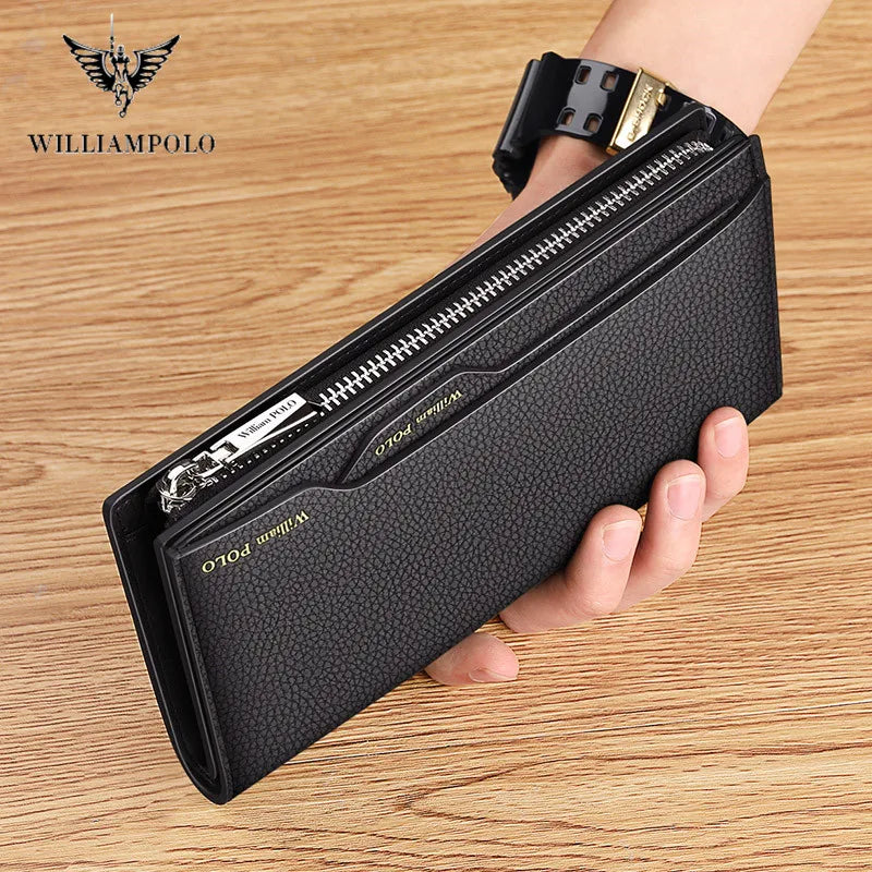 WILLIAM POLO Men’s Long Leather Wallet – Multi-Card Bifold Clutch with Removable Card Holder & Phone Zipper Pocket