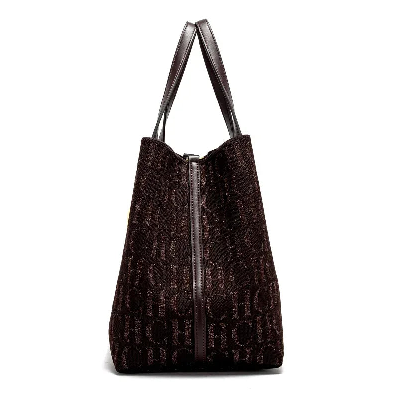 Elegant Women's Monogram Jacquard Tote Bag - Top Handle Shoulder Bag with Gold Initial Charm