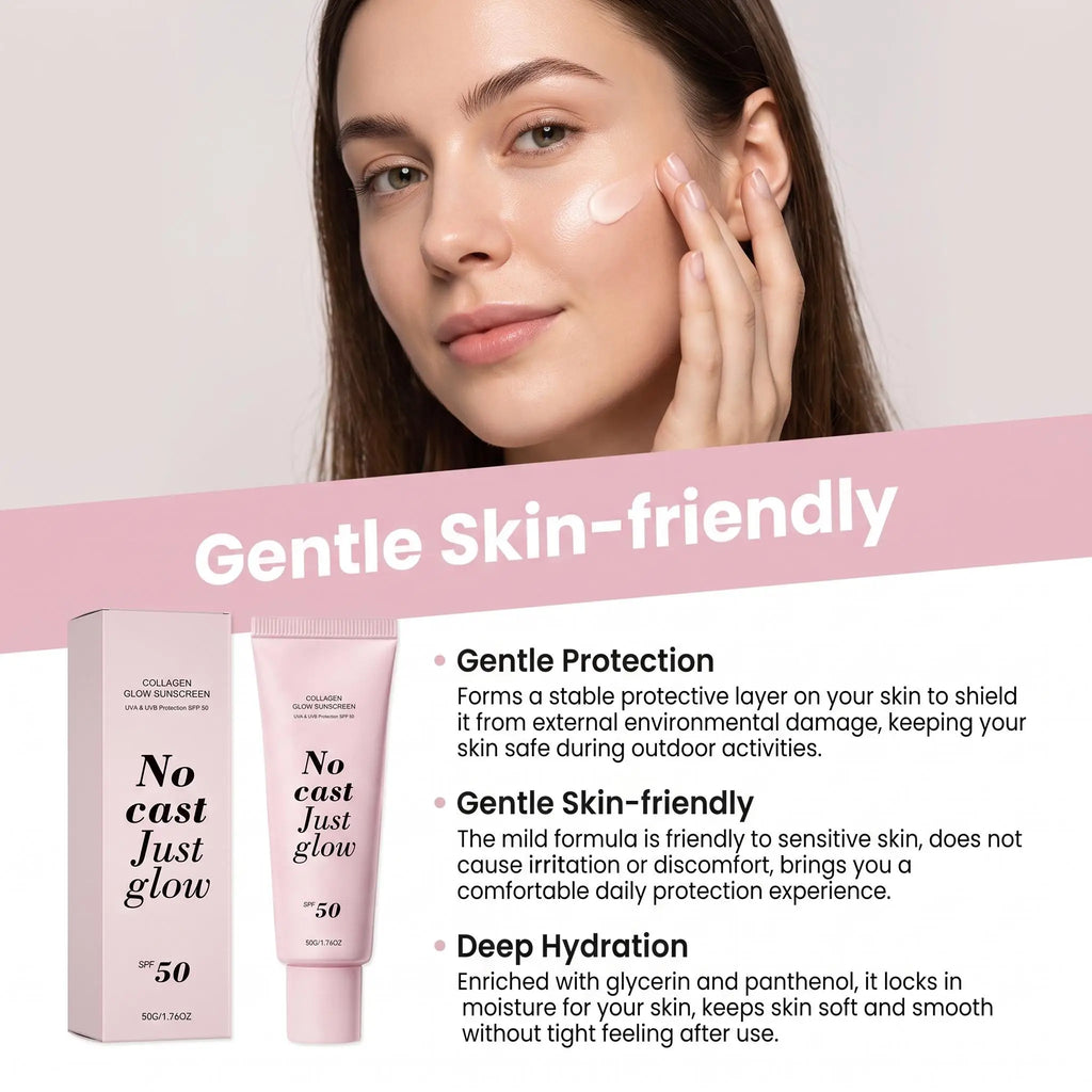 Collagen Glow Sunscreen SPF 50 (50g) – "No Cast Just Glow" Hydrating Daily Sun Cream with Centella Asiatica & Panthenol
