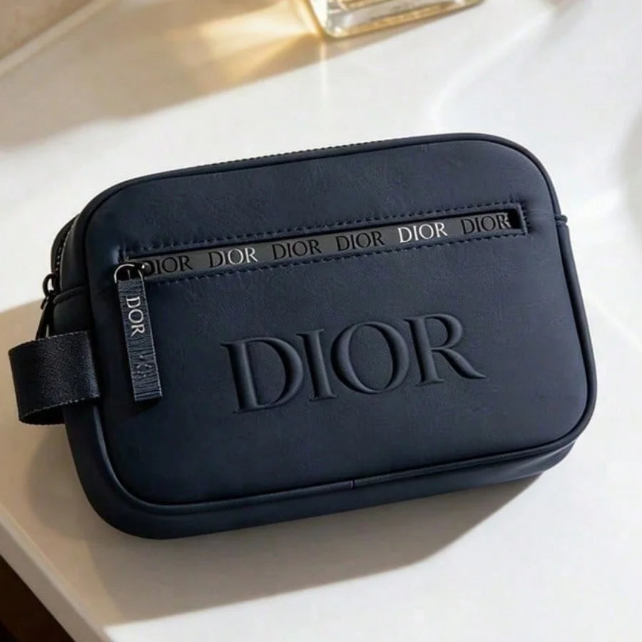 Dior Men's Matte Navy Toiletry Bag – Embossed Logo Travel Dopp Kit & Wash Bag
