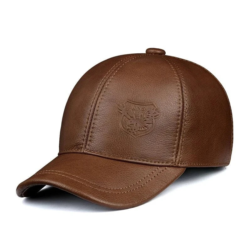 Men’s Genuine Cowhide Leather Baseball Cap – Vintage Embossed Crest