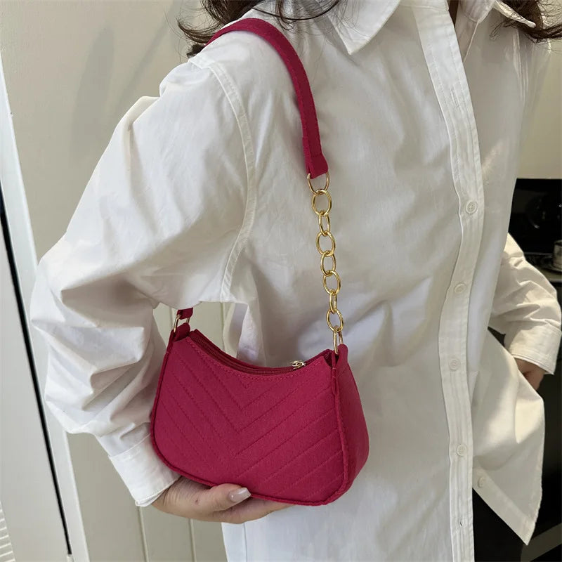 Chevron Quilted Felt Mini Baguette Shoulder Bag with Gold Chain Accent