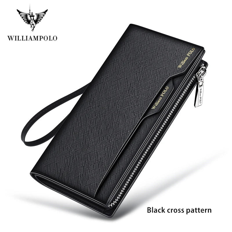 WILLIAM POLO Men’s Long Leather Wallet – Multi-Card Bifold Clutch with Removable Card Holder & Phone Zipper Pocket
