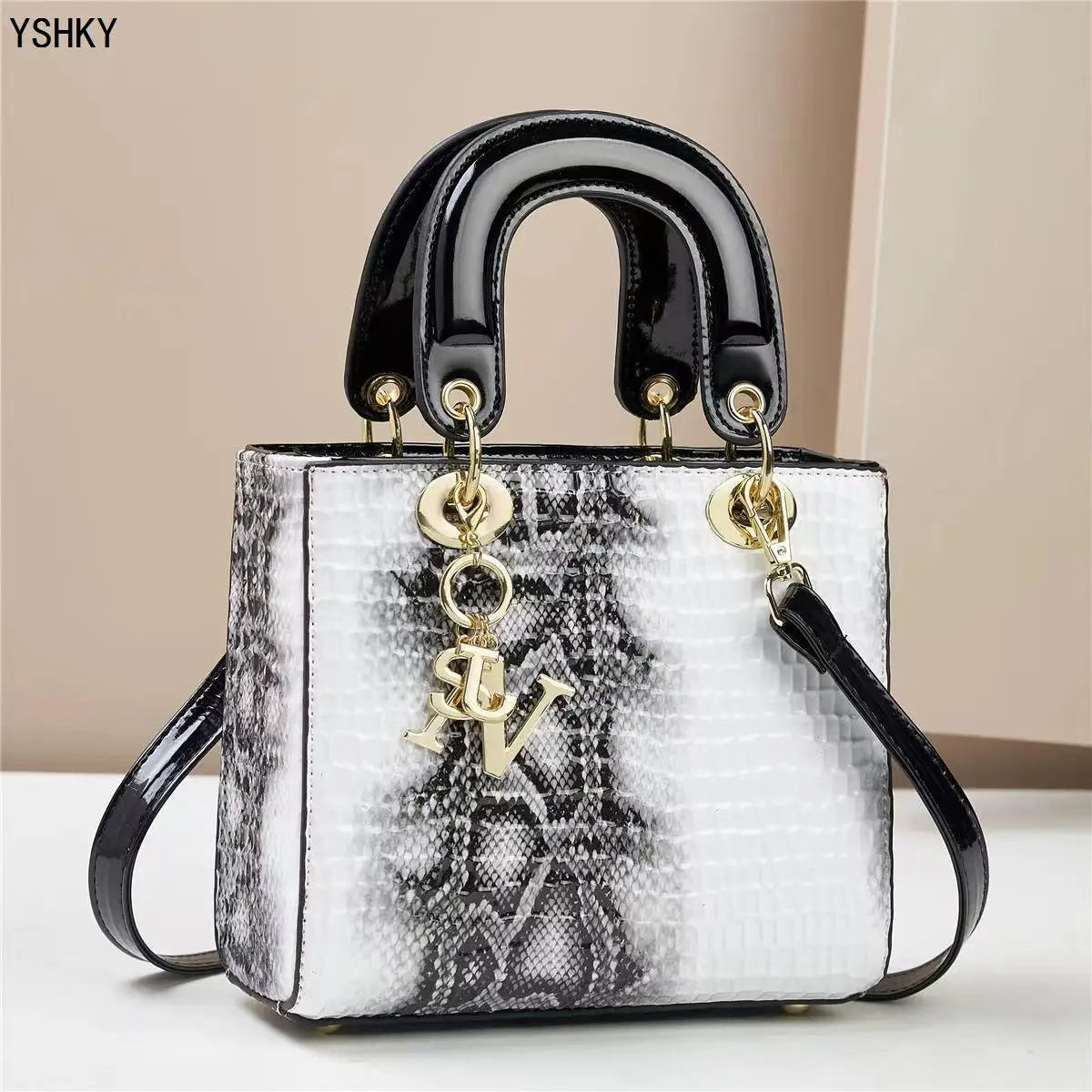 Glossy Embossed Crocodile Mini Tote Bag with Gold Charm & Crossbody Strap