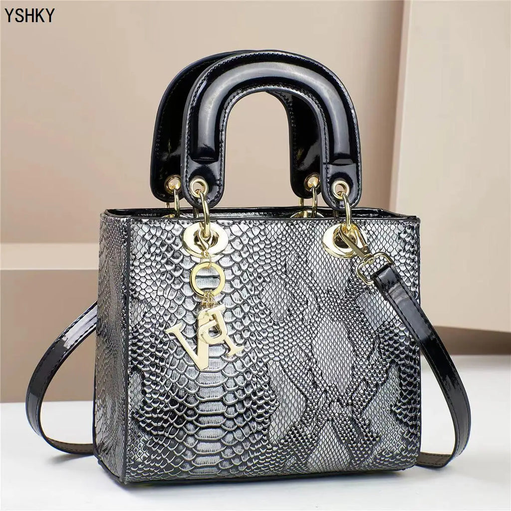 Glossy Embossed Crocodile Mini Tote Bag with Gold Charm & Crossbody Strap