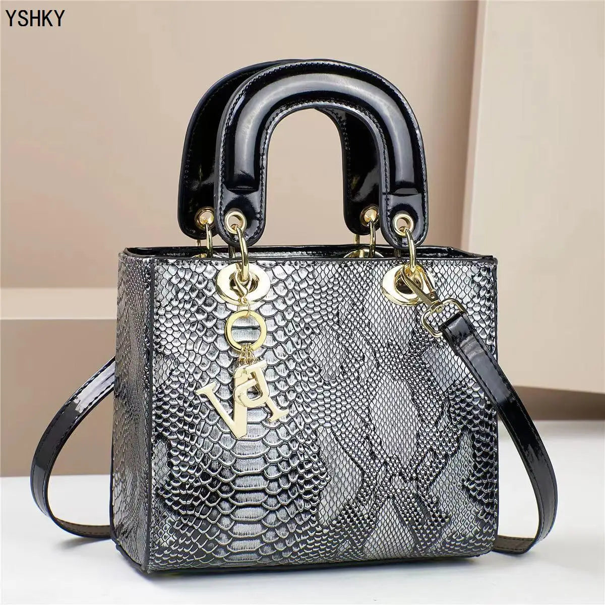 Glossy Embossed Crocodile Mini Tote Bag with Gold Charm & Crossbody Strap