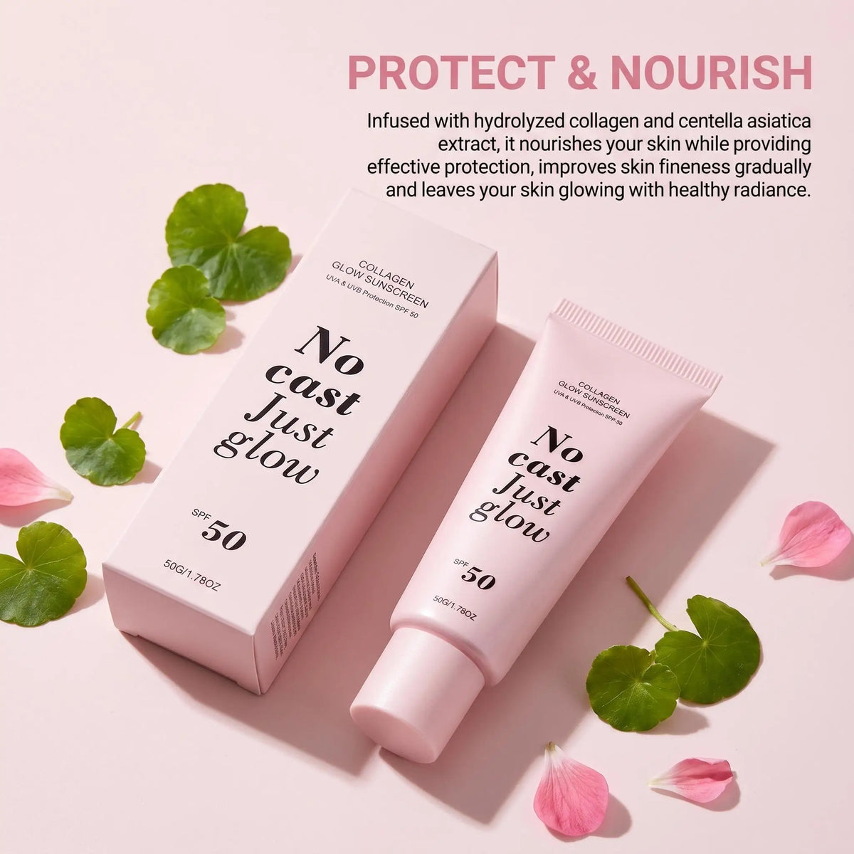 Collagen Glow Sunscreen SPF 50 (50g) – "No Cast Just Glow" Hydrating Daily Sun Cream with Centella Asiatica & Panthenol