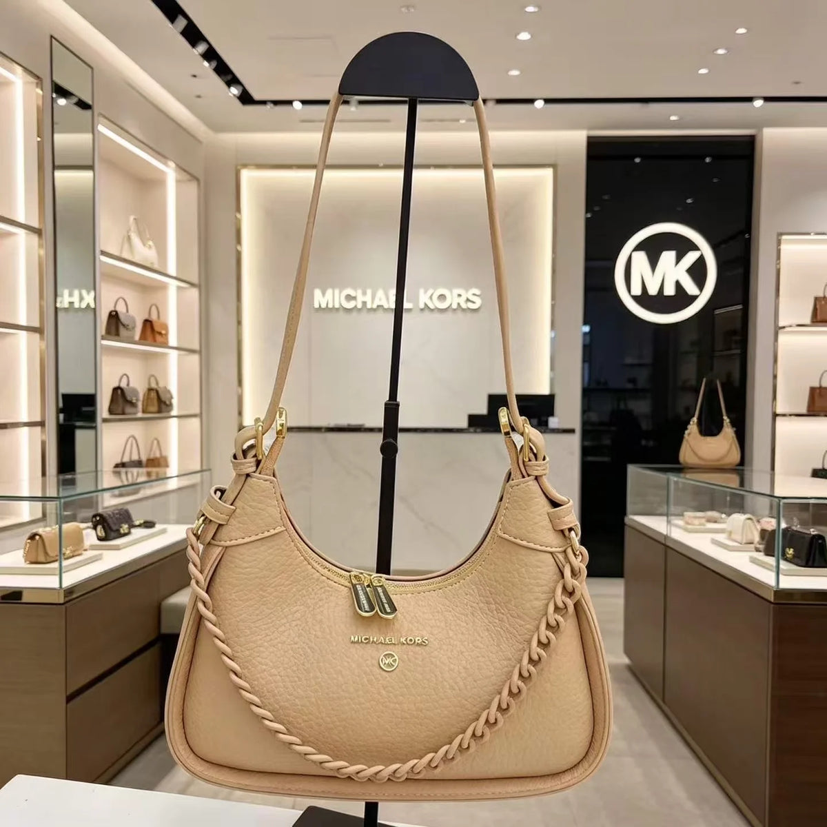 Michael Kors Pebbled Leather Small Shoulder Bag – Chain Detail Crescent Hobo Handbag
