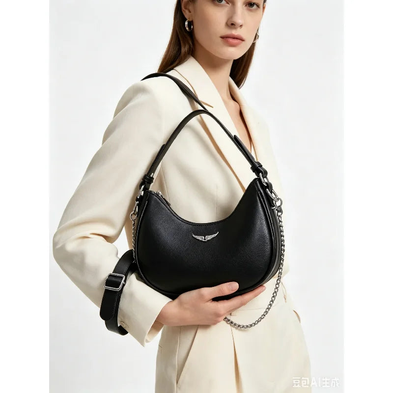 Women's Crescent Moon Shoulder Bag – Faux Leather Hobo Handbag with Silver Chain & Wide Guitar Crossbody Strap