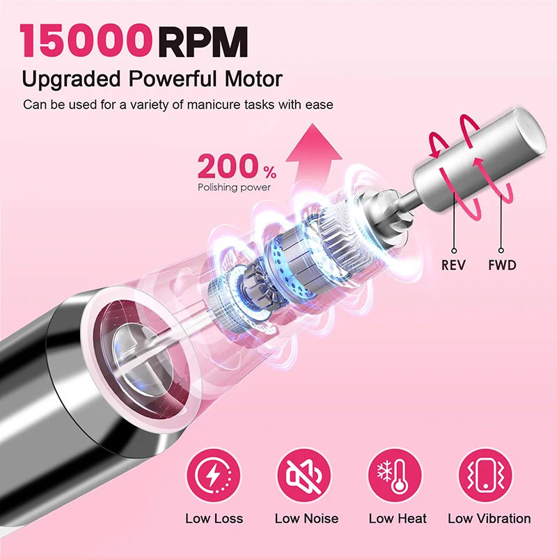 Professional Wireless Electric Nail Drill Kit - 15000RPM Rechargeable E-File with Charging Base & 12 Interchangeable Bits