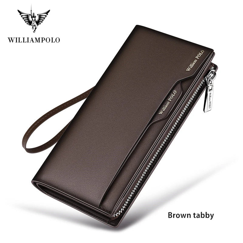 WILLIAM POLO Men’s Long Leather Wallet – Multi-Card Bifold Clutch with Removable Card Holder & Phone Zipper Pocket