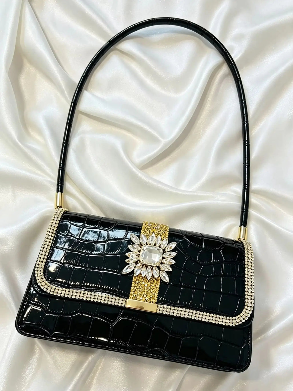 Luxury Croc-Embossed Rhinestone Evening Bag – Glossy Patent Leather Shoulder Bag & Statement Party Clutch