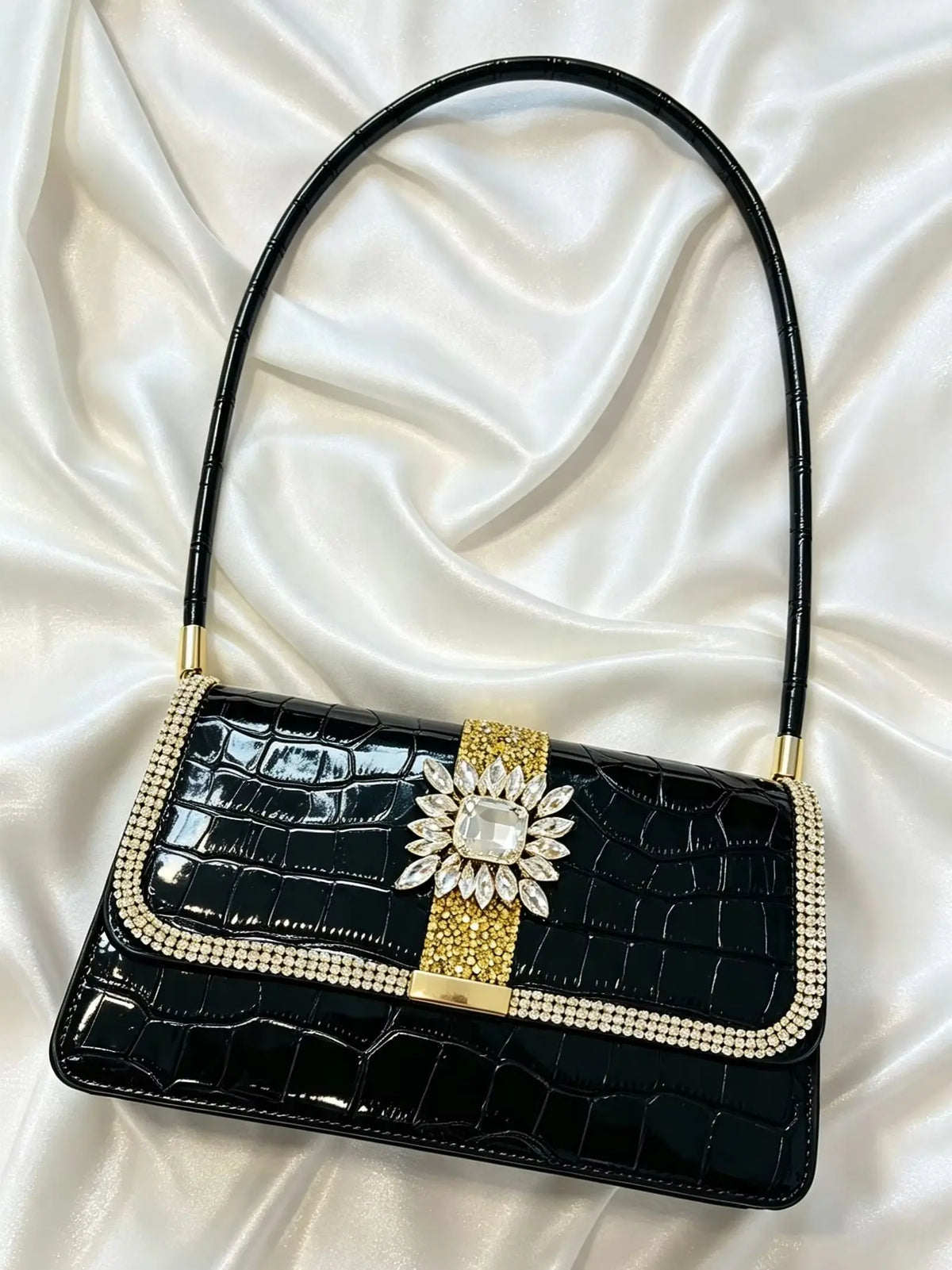 Luxury Croc-Embossed Rhinestone Evening Bag – Glossy Patent Leather Shoulder Bag & Statement Party Clutch