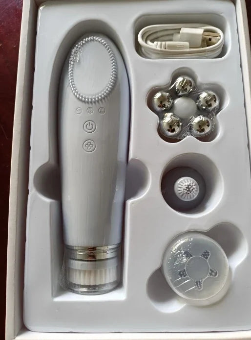 5-in-1 Sonic Electric Facial Cleansing Brush & Thermal Eye Massager – Waterproof Silicone Face Scrubber with Interchangeable Heads