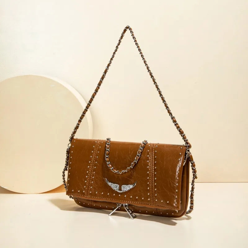 Grunge Angel Wing Foldover Crossbody Bag – Studded Faux Leather Shoulder Clutch