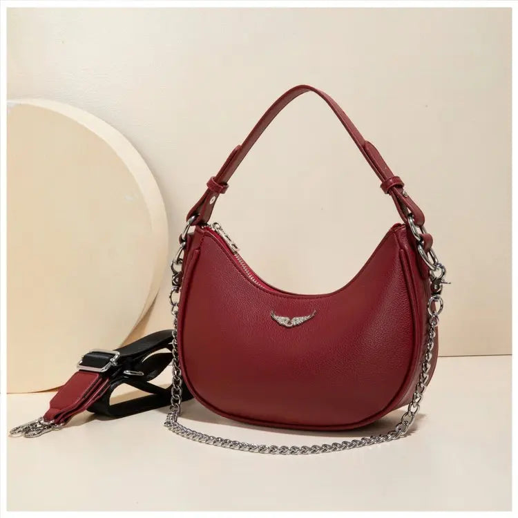 Women's Crescent Moon Shoulder Bag – Faux Leather Hobo Handbag with Silver Chain & Wide Guitar Crossbody Strap