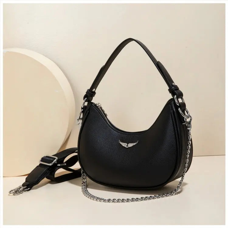 Women's Crescent Moon Shoulder Bag – Faux Leather Hobo Handbag with Silver Chain & Wide Guitar Crossbody Strap