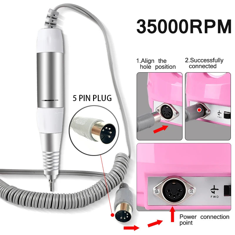 Portable Professional 35000RPM Electric Nail Drill Handpiece - 5-Pin Plug - Low Noise & Vibration