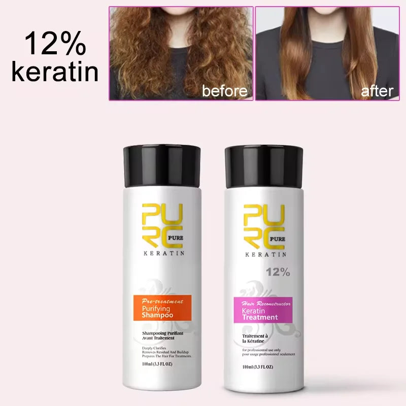 PURC Travel Keratin Treatment & Purifying Shampoo Set (2x 100ml) – Brazilian Straightening & Repair Kit (0%, 8%, 12%)