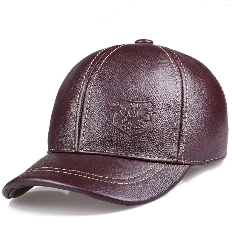 Men’s Genuine Cowhide Leather Baseball Cap – Vintage Embossed Crest
