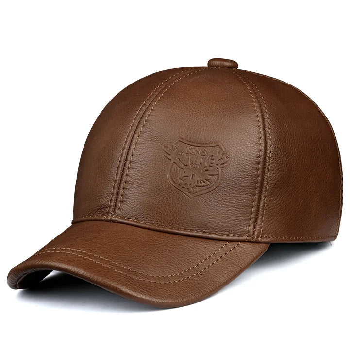 Men’s Genuine Cowhide Leather Baseball Cap – Vintage Embossed Crest