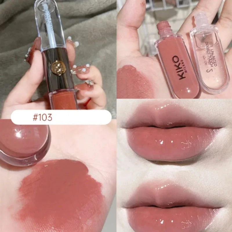 Brand 3D Double Headed Lipstick Transparent Mirror Lip Gloss Non Fading Oil Sexy Rich Lip Gloss Milk Tea Bean Paste Naked Makeup