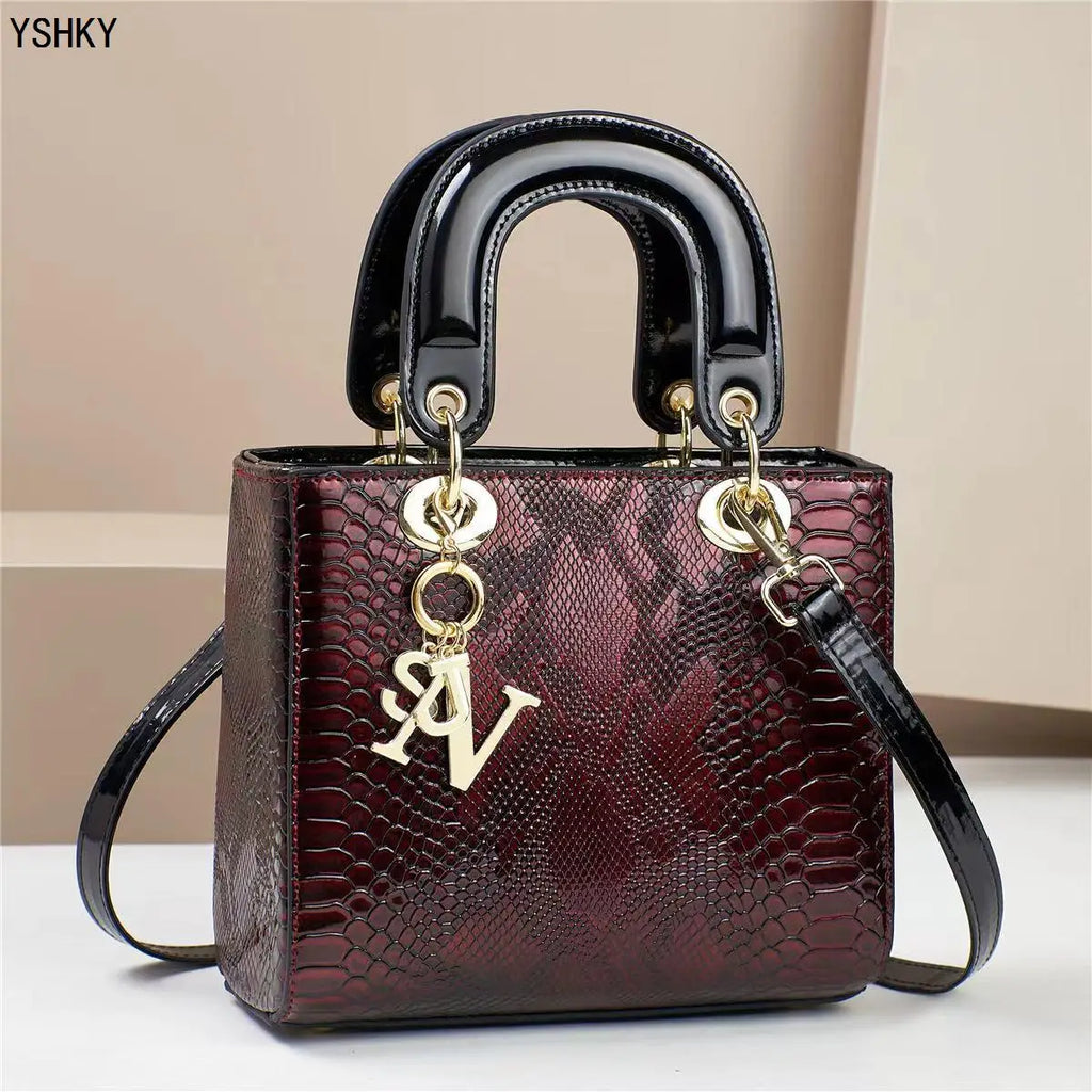 Glossy Embossed Crocodile Mini Tote Bag with Gold Charm & Crossbody Strap