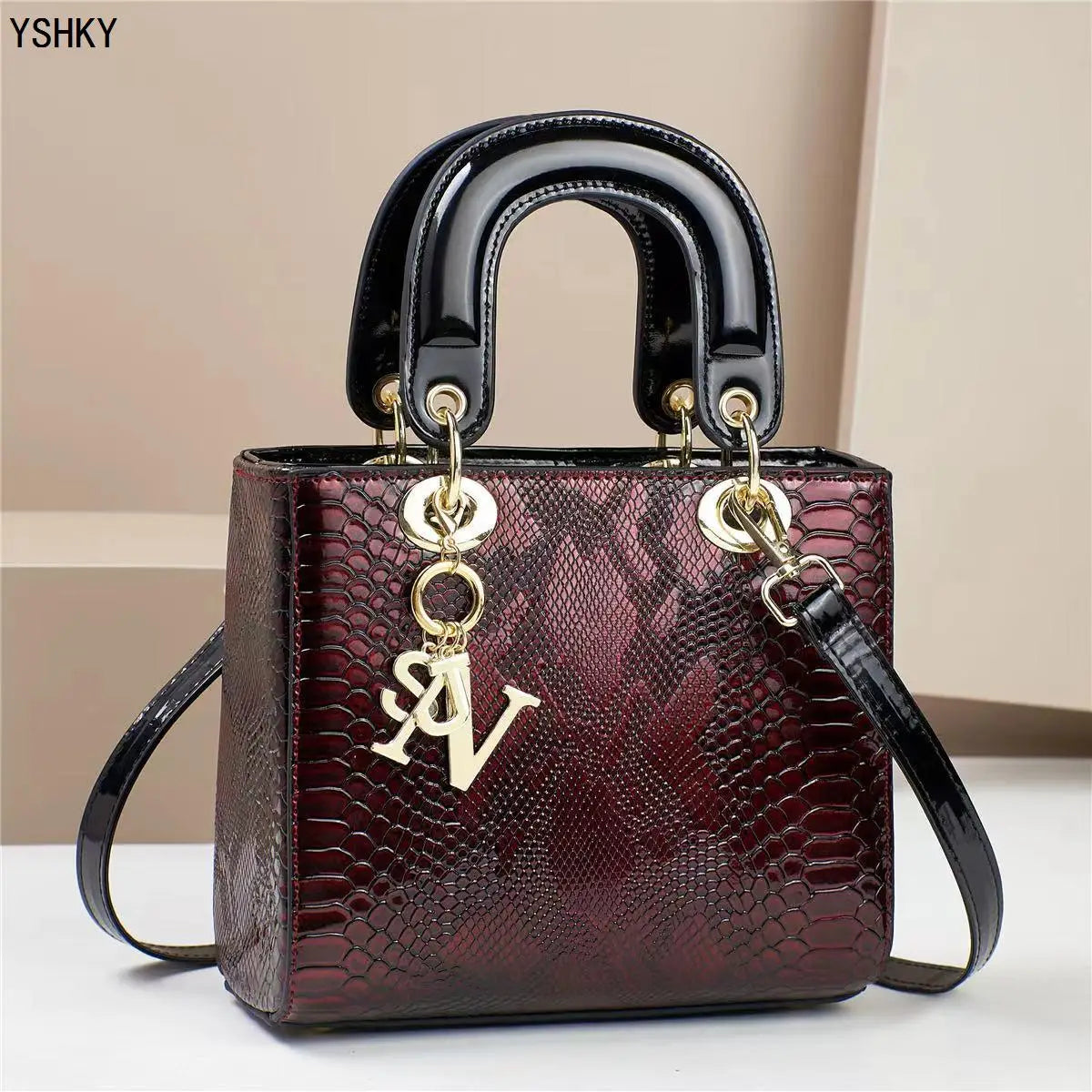 Glossy Embossed Crocodile Mini Tote Bag with Gold Charm & Crossbody Strap
