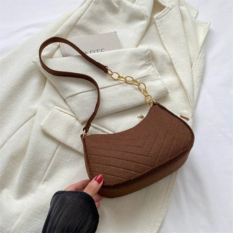 Chevron Quilted Felt Mini Baguette Shoulder Bag with Gold Chain Accent