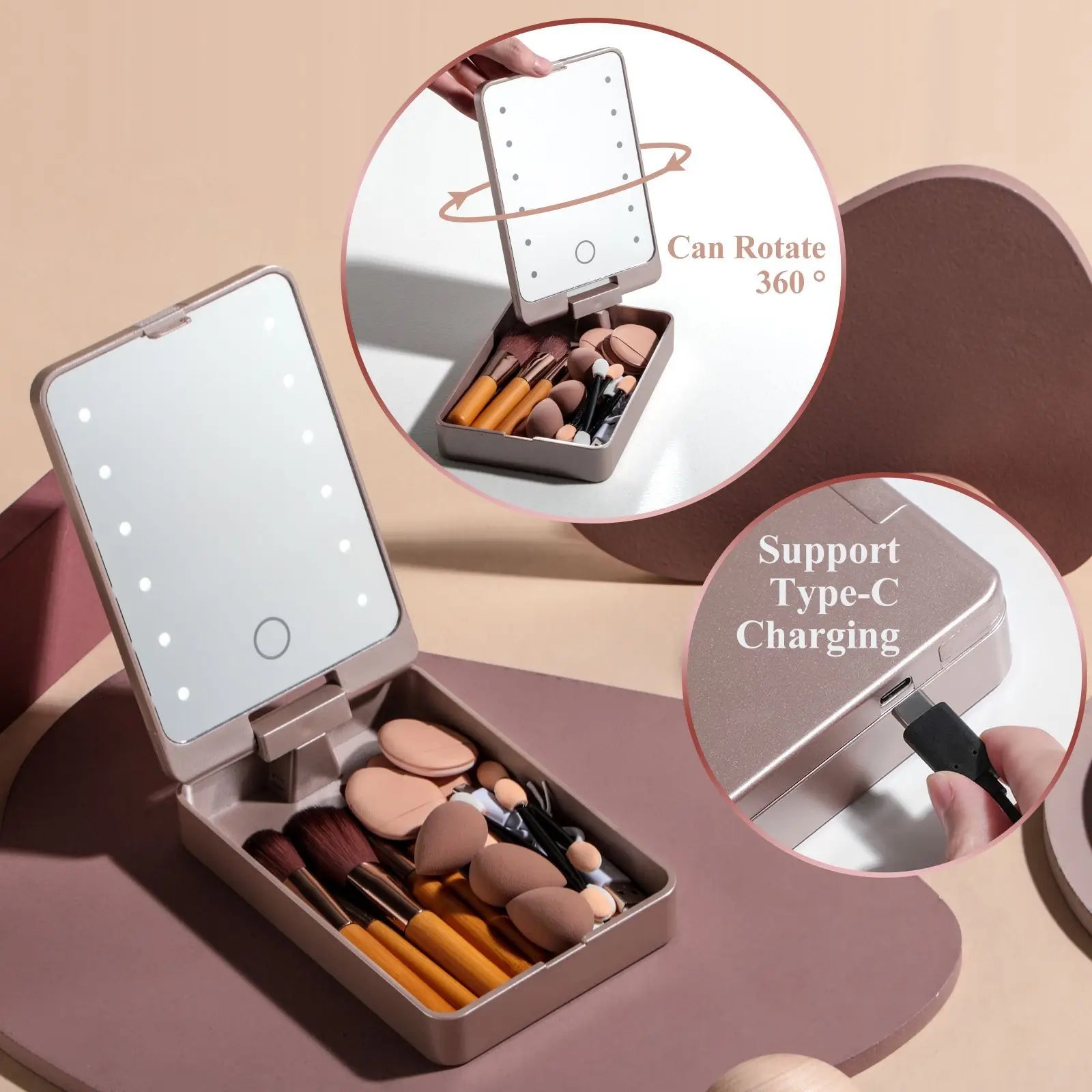 All-in-One Travel Makeup Brush Set with LED Mirror & Sponges – Portable 360° Rotating Case