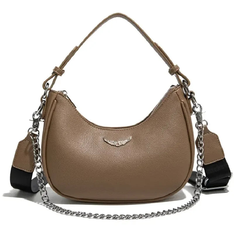 Women's Crescent Moon Shoulder Bag – Faux Leather Hobo Handbag with Silver Chain & Wide Guitar Crossbody Strap