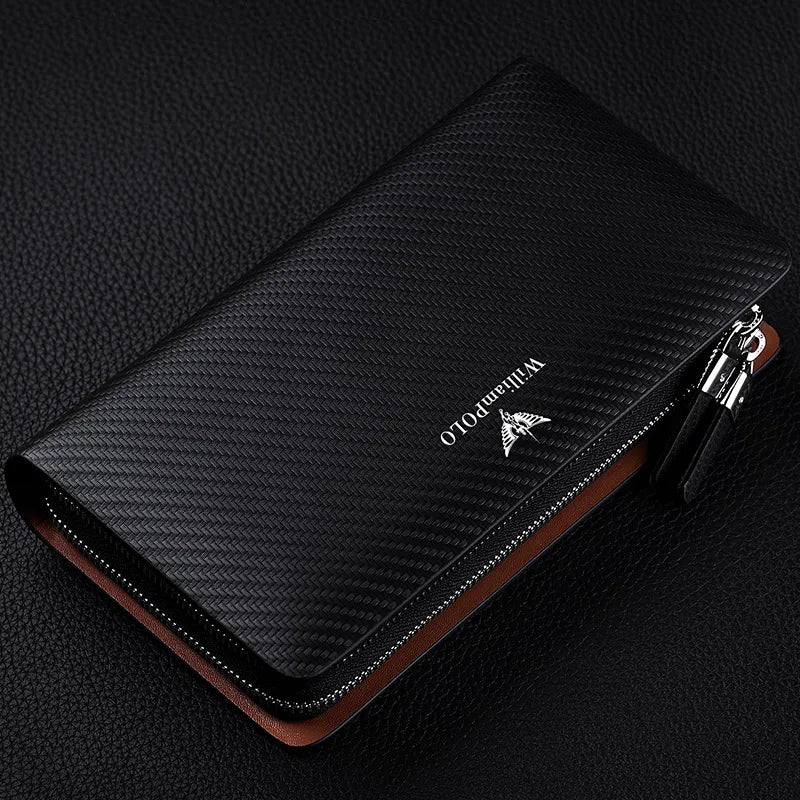 WilliamPOLO Carbon Fiber Pattern Leather Clutch Wallet for Men - Large Capacity Long Purse with Wristlet