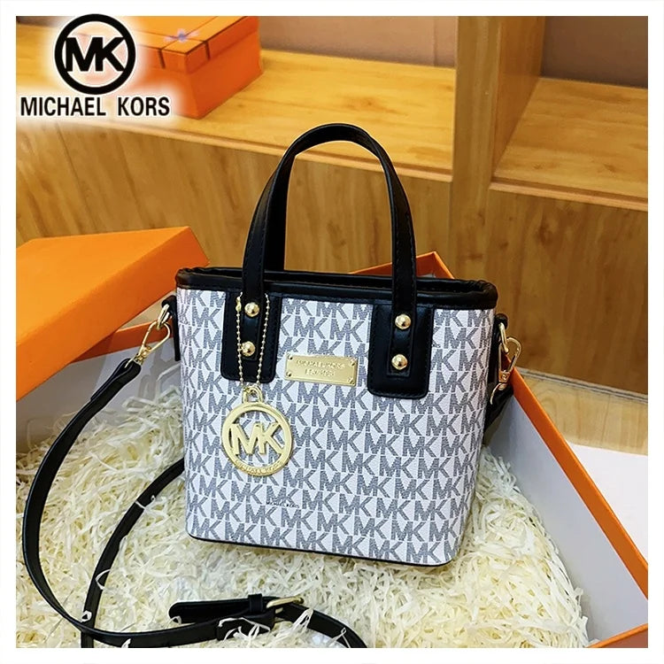 Mini Monogram Bucket Tote Bag with Hanging Medallion Charm & Crossbody Strap