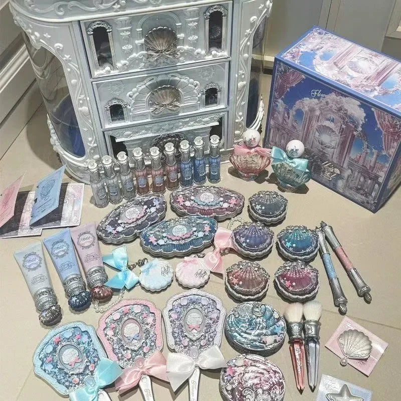 Flower Knows Shell Pearl Series Full Makeup Set + 3-Drawer Luxury Vanity Organizer
