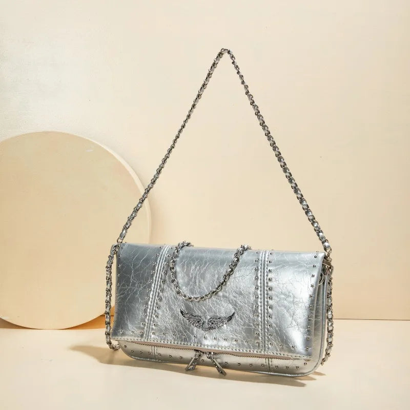 Grunge Angel Wing Foldover Crossbody Bag – Studded Faux Leather Shoulder Clutch