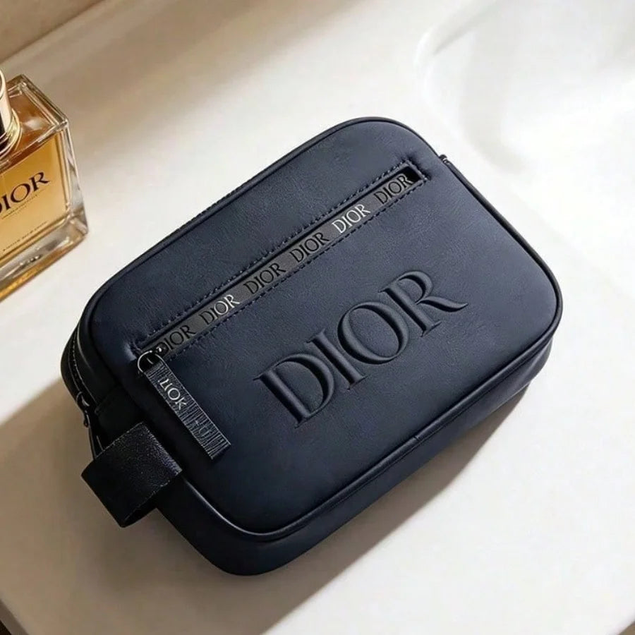 Dior Men's Matte Navy Toiletry Bag – Embossed Logo Travel Dopp Kit & Wash Bag