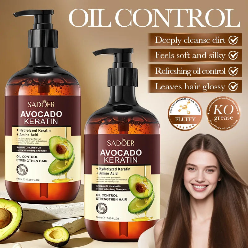 SADOER Avocado Keratin Oil-Control Volumizing Shampoo (500ml) – Amino Acid Scalp Cleanser for Greasy Hair, Root Lift & Frizz Repair
