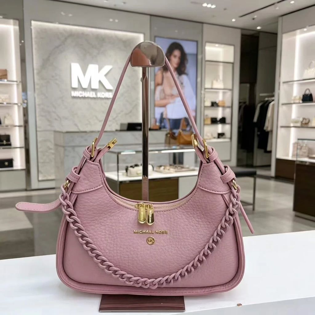 Michael Kors Pebbled Leather Small Shoulder Bag – Chain Detail Crescent Hobo Handbag