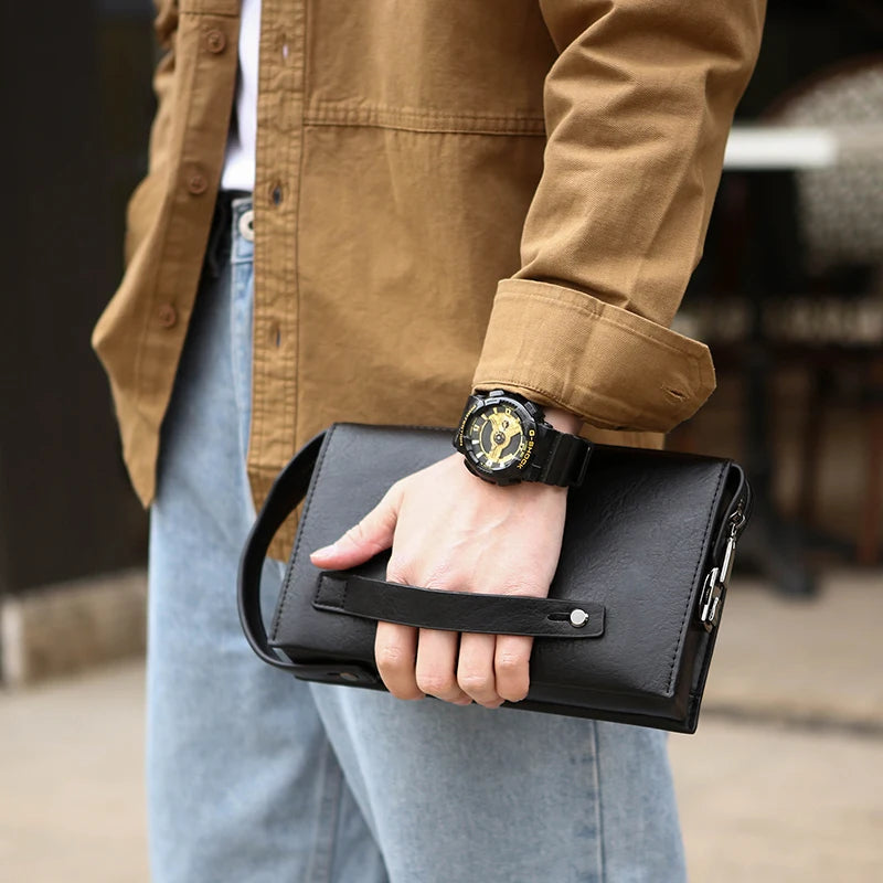 Leather Clutch Bag with Combination Lock – Multi-Compartment Business Handbag & Wristlet