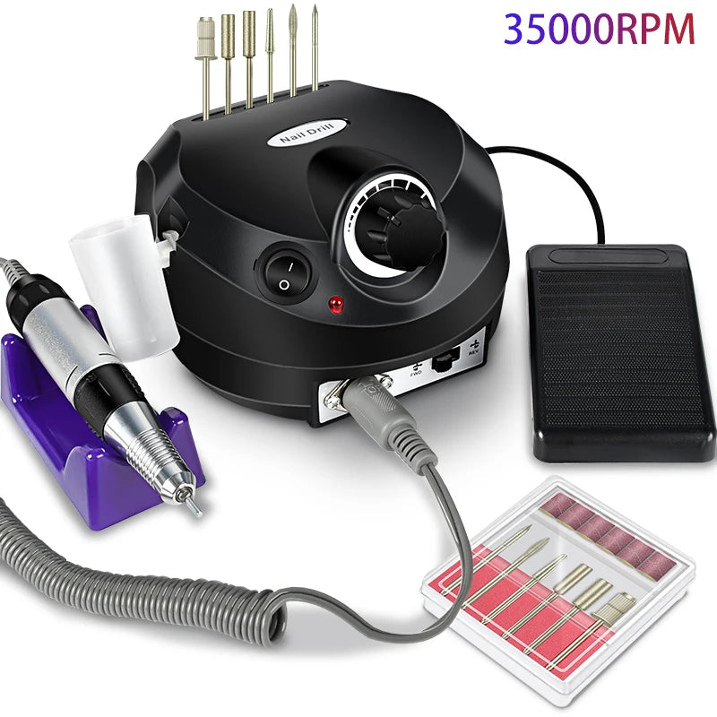 Professional 35000 RPM Electric Nail Drill Machine Set with Foot Pedal & 6 Metal Bits