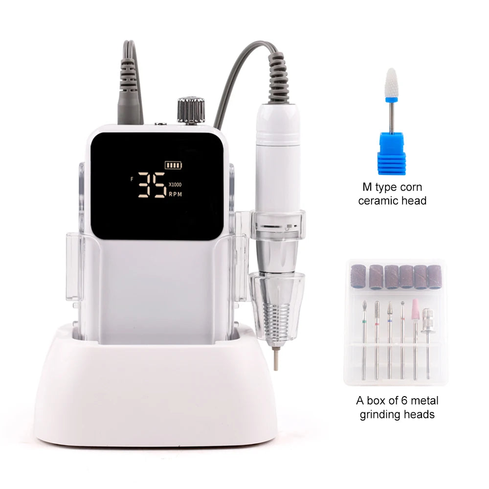 Portable Professional 35,000 RPM Rechargeable Electric Nail Drill Set with LCD Screen & Desktop Charging Base
