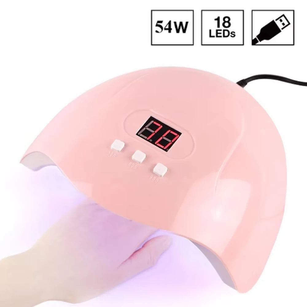 Professional 54W / 36W Pink UV LED Nail Lamp - Portable USB Phototherapy Machine for Gel Polish with HD Digital Timer