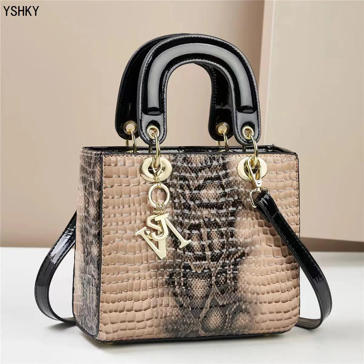 Glossy Embossed Crocodile Mini Tote Bag with Gold Charm & Crossbody Strap