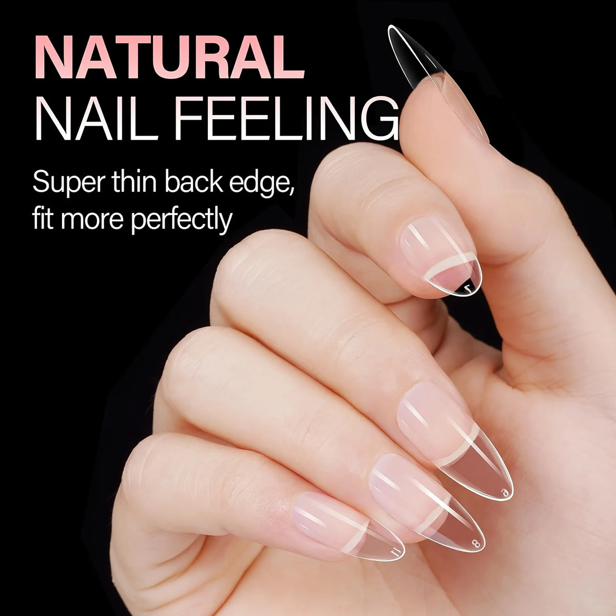 Soft Gel Almond Nail Tips Set – Clear Full Cover Press-On Nails with Thin Cuticle Edge