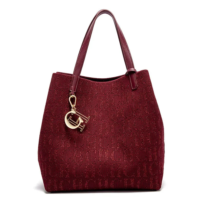 Elegant Women's Monogram Jacquard Tote Bag - Top Handle Shoulder Bag with Gold Initial Charm