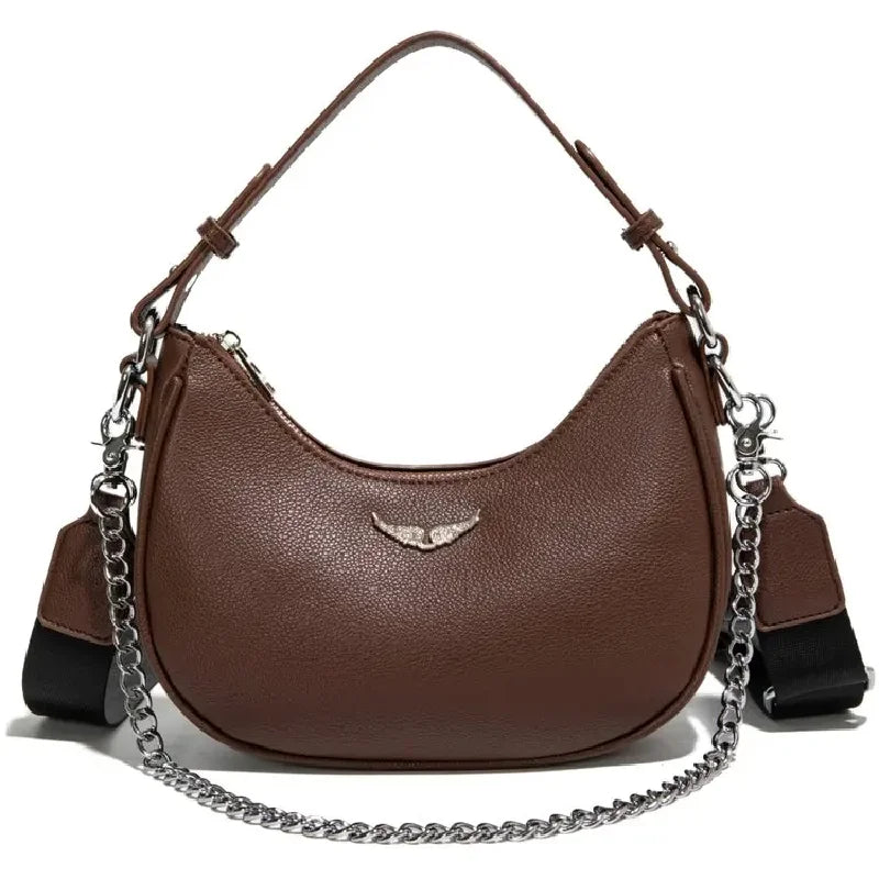 Women's Crescent Moon Shoulder Bag – Faux Leather Hobo Handbag with Silver Chain & Wide Guitar Crossbody Strap