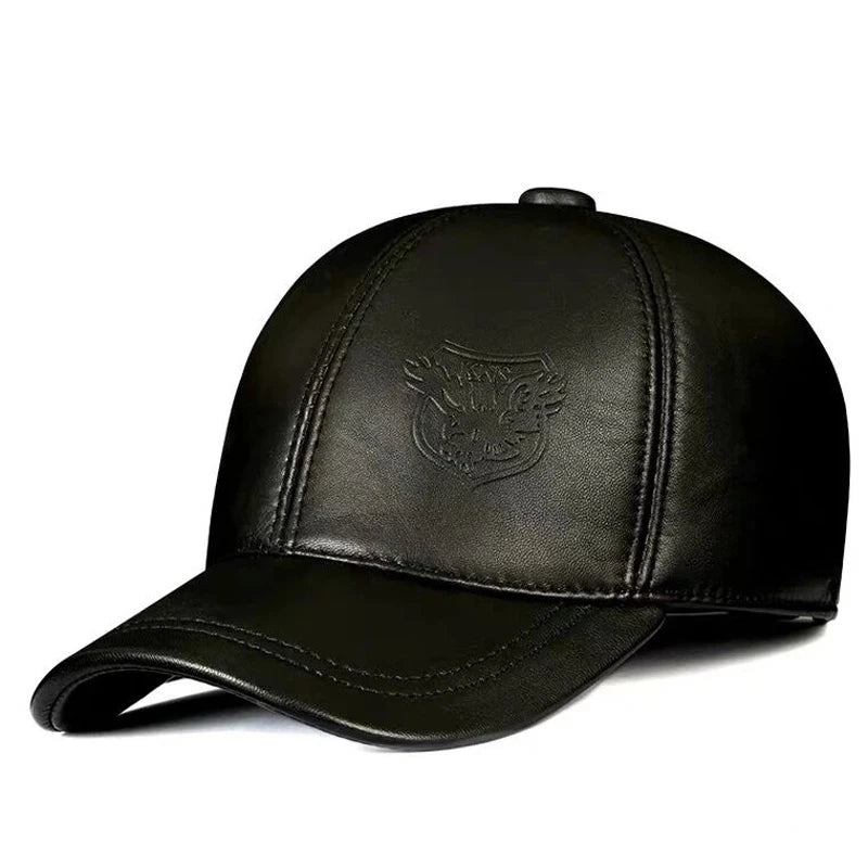 Men’s Genuine Cowhide Leather Baseball Cap – Vintage Embossed Crest