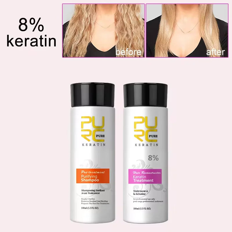 PURC Travel Keratin Treatment & Purifying Shampoo Set (2x 100ml) – Brazilian Straightening & Repair Kit (0%, 8%, 12%)